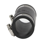 Close-up of a black flexible pipe coupling interior and stainless worm clamps viewed end-on