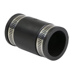 Side perspective of a black PVC flexible coupling with two stainless steel band clamps