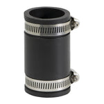 Black PVC flexible coupling with two stainless steel worm-drive clamps on white background