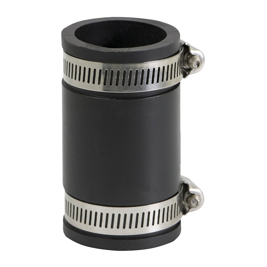 Black PVC flexible coupling with two stainless steel worm-drive clamps on white background