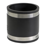 Straight-on view of a black flexible pipe coupling with two stainless steel clamp bands