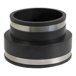 Everflow black PVC reducing coupling front view showing stepped reducer profile and metal clamp bands