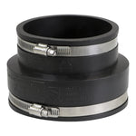 Everflow black PVC reducing coupling with two stainless steel clamp bands shown on white background