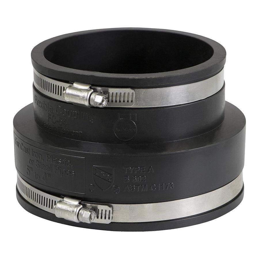 Everflow black PVC reducing coupling with two stainless steel clamp bands shown on white background
