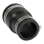 Angled view of Everflow black reducing coupling showing clamp hardware and tapered end