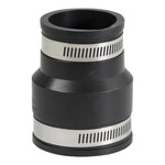 Everflow black flexible reducing coupling showing larger end and stainless steel clamp band around top