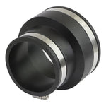 Rubber reducing coupling with two stainless steel clamp bands shown from a rotated top angle