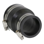 Everflow black flexible reducing coupling laid on its side highlighting inner bore and two stainless steel clamps