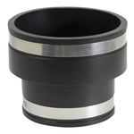 Short black reducing coupling featuring stainless steel band near each end, straight-on view