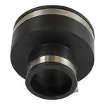 Top-down view of Everflow black reducing coupling showing large and small openings and stainless steel clamp bands
