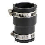 Everflow black rubber reducing coupling fitted with two stainless steel band clamps, side view