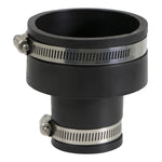 Vertical view of a black flexible reducing coupling with two stainless steel worm-drive clamps around each end