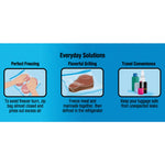 Blue panel infographic titled 'Everyday Solutions' with illustrations showing freezing, grilling marinating, and travel convenience uses.