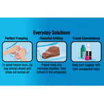 Blue infographic panel titled 'Everyday Solutions' with illustrations and tips for freezing, grilling, and travel use.