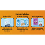 Illustrated benefits panel titled Everyday Solutions showing portion control, on-the-go snacking and measuring portions with snack bag graphics