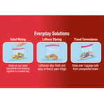 Red infographic titled Everyday Solutions showing three illustrated uses for resealable storage bags