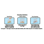 Informational graphic titled ‘Everyday Solutions’ showing three uses: salad mixing, leftover storing and easy organizing