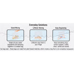 Horizontal ‘Everyday Solutions’ usage strip showing salad mixing, leftover storing and organizing illustrations