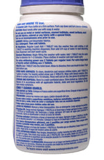 Close-up of the back label of an Evolve bleach tablets bottle showing detailed usage instructions and warnings in English and Spanish.