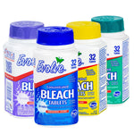 Group of four Evolve concentrated bleach tablet bottles in different label colors arranged in a staggered lineup.
