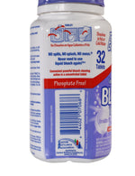 Side panel of an Evolve bleach tablets bottle showing a barcode, “Phosphate Free!” banner and the printed 32 tablets count.