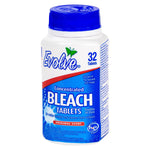 Evolve concentrated bleach tablets bottle on a white background showing the front label, blue cap, and '32 Tablets' text.