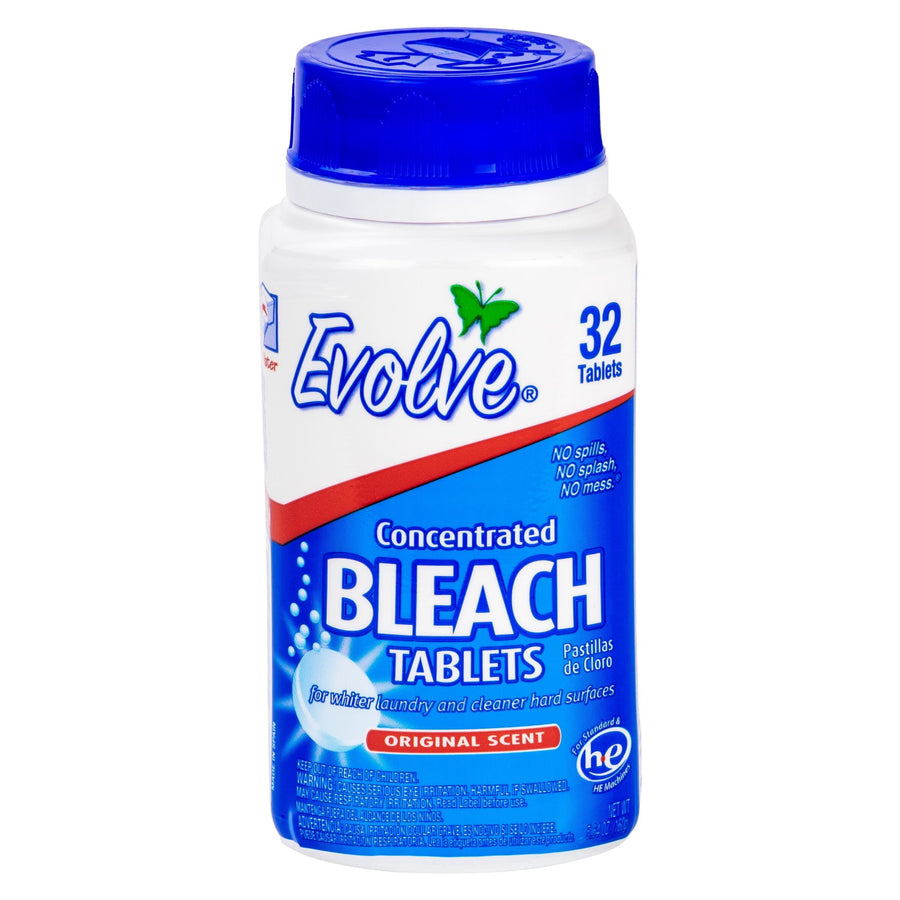 Single Evolve concentrated bleach tablets bottle on a white background showing front label and blue cap.