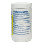 Close-up rear view of the Evolve concentrated bleach tablets container showing usage instructions, warnings and small print on the label.