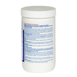 White plastic jar showing a detailed instruction and warning panel for Evolve concentrated bleach tablets on the back label