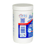 White plastic jar of Evolve concentrated bleach tablets showing a side panel with barcode, QR code and partial front label