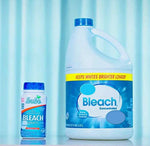 small bottle of bleach tablets beside a large jug of liquid bleach on a blue background