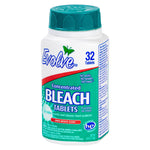 Single Evolve concentrated bleach tablets bottle front view with teal cap, 'BLEACH TABLETS' text and '32 Tablets' callout.