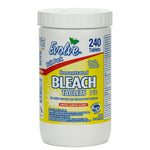 White plastic jar of Evolve concentrated bleach tablets with bright yellow label and '240 Tablets' and fresh lemon scent branding visible.