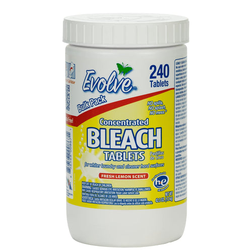 White plastic jar of Evolve concentrated bleach tablets with bright yellow label and '240 Tablets' and fresh lemon scent branding visible.