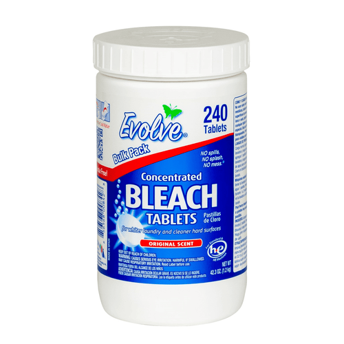 White plastic jar of Evolve concentrated bleach tablets showing front label with large 'BLEACH', 'Evolve' logo and '240 Tablets'
