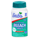 Single Evolve concentrated bleach tablets bottle with teal-green cap and bright turquoise label reading 'BLEACH TABLETS' and '32 Tablets'.