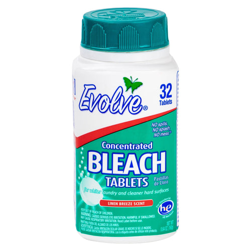 Single Evolve concentrated bleach tablets bottle with teal-green cap and bright turquoise label reading 'BLEACH TABLETS' and '32 Tablets'.