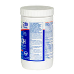 White plastic jar of Evolve concentrated bleach tablets showing a side label panel with usage instructions in Spanish and '240 Tablets' branding