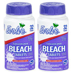 Two Evolve concentrated bleach tablets bottles with purple caps, summer lavender labels side by side.