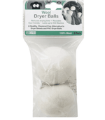 Front view of clear bag containing two white wool dryer balls with EVRI branded header card