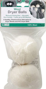 Close-up of EVRI header card and two white wool dryer balls visible through clear packaging