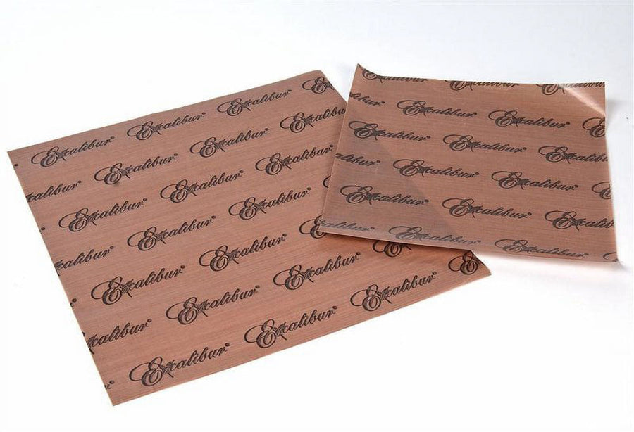Two brown Excalibur Paraflexx dryer sheets printed with repeating brand script, laid flat on a white background.