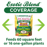 Infographic with Exotic Blend coverage header and small product pouch showing feed area text beneath