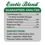 Exotic Blend guaranteed analysis panel listing nitrogen, phosphate, potash and derived-from ingredients