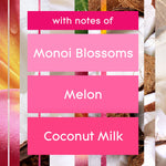 Infographic panels listing fragrance notes: Monoi Blossoms, Melon, Coconut Milk over tropical background