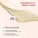 Closeup illustration of interlaced expandable floss fibers with text ‘Expands for a Better Clean’ and 288 threads callout