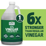 Illustration of a one-gallon Expert Gardener 30% vinegar concentrate jug with green label and '6x stronger' callout