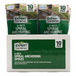 Retail display box showing Expert Gardener 8-inch spiral anchoring spikes 10-pack in green packaging
