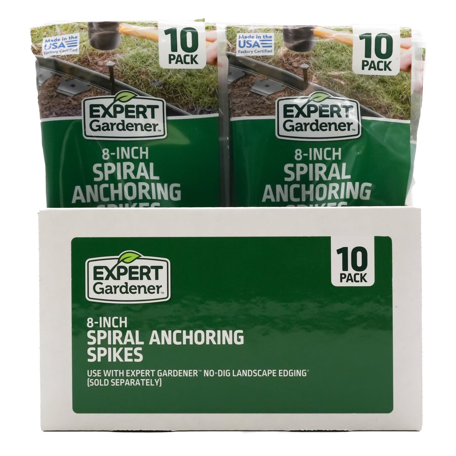 Retail display box showing Expert Gardener 8-inch spiral anchoring spikes 10-pack in green packaging