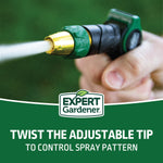 Close-up action shot of an Expert Gardener nozzle spraying water with branded infographic text area below